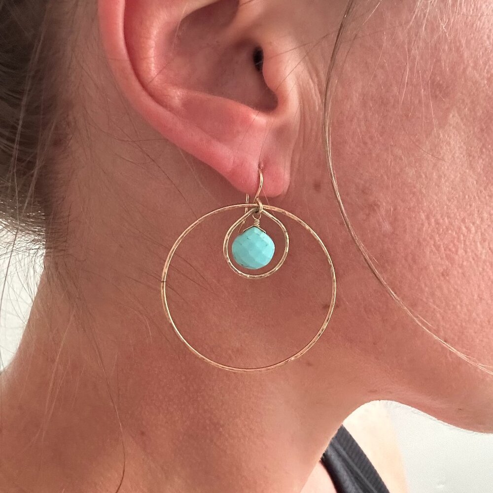 Leah Alexandra 14k goldfill hammered gold hoops with turquoise accent